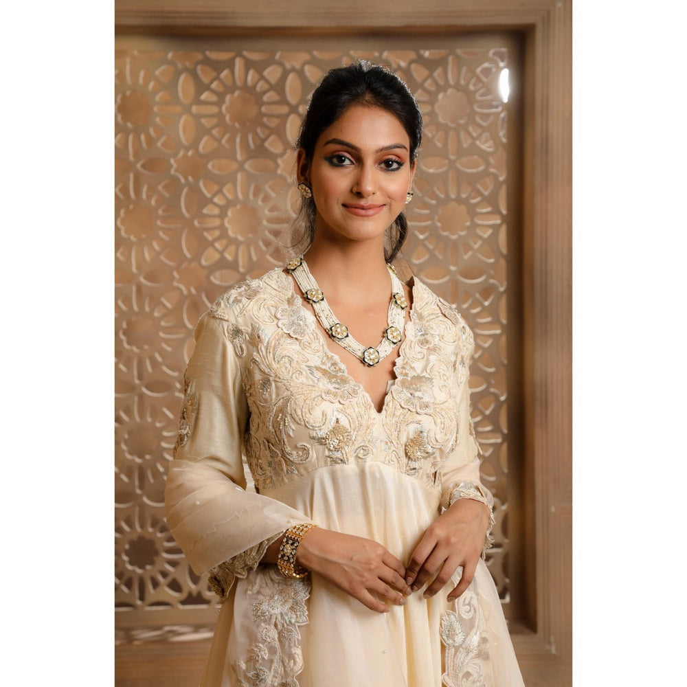 Omana by Ranjana Bothra Cream Asymmetrical Kurta with Sharara and Dupatta (Set of 3)