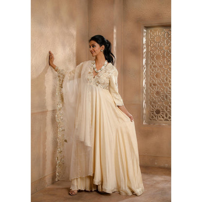 Omana by Ranjana Bothra Cream Asymmetrical Kurta with Sharara and Dupatta (Set of 3)
