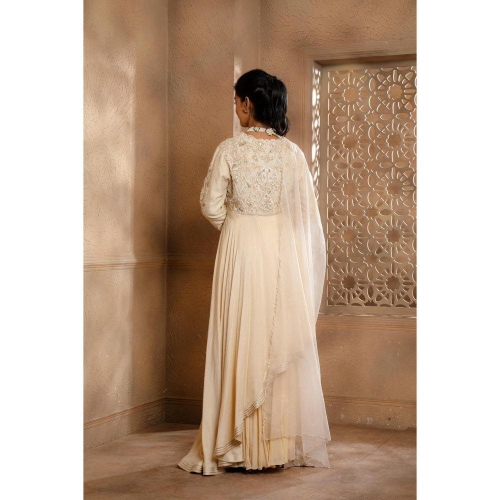 Omana by Ranjana Bothra Cream Asymmetrical Kurta with Sharara and Dupatta (Set of 3)