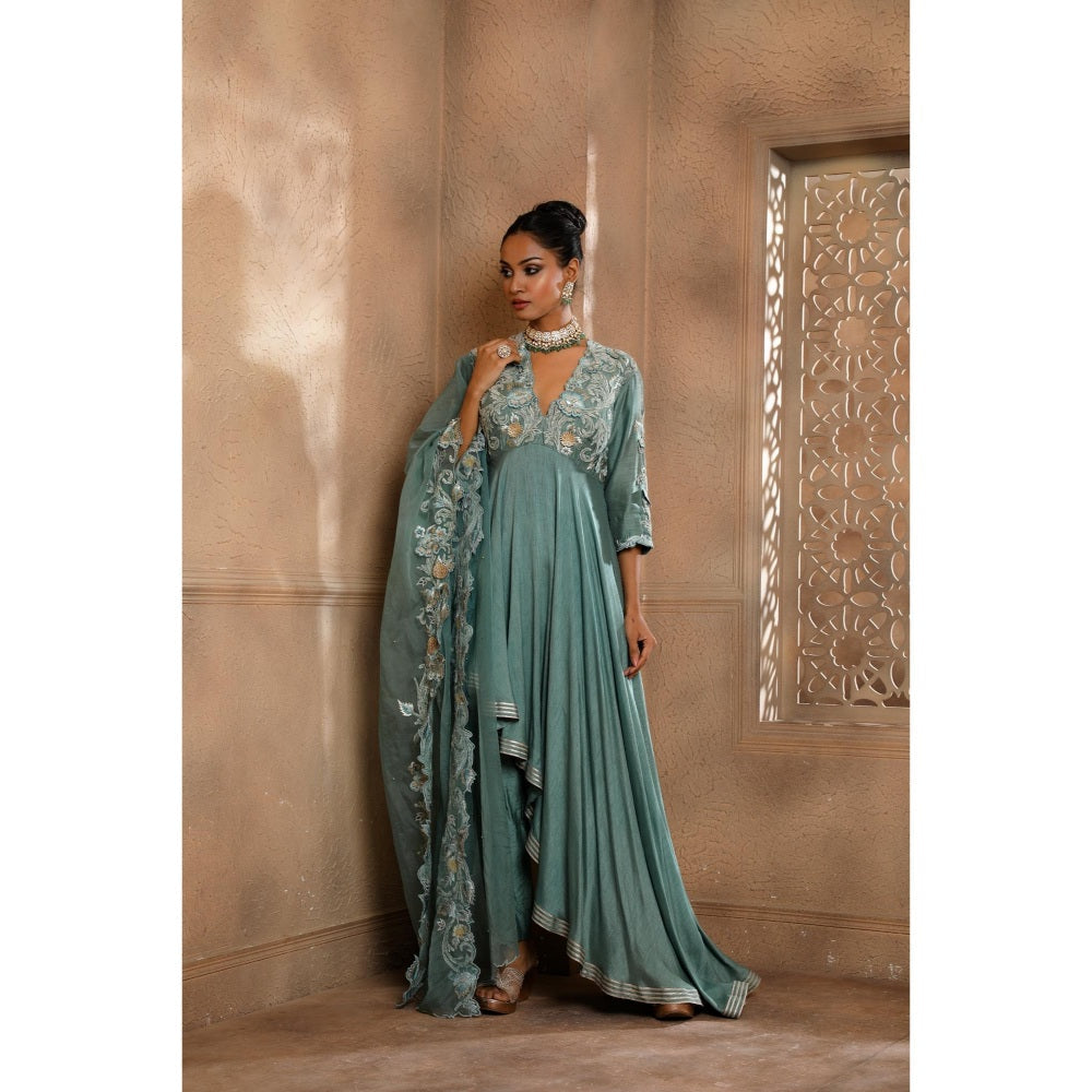 Omana by Ranjana Bothra Teal Asymmetrical Kurta with Pant and Dupatta (Set of 3)