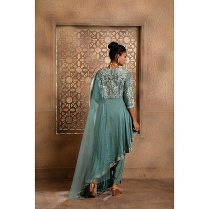 Omana by Ranjana Bothra Teal Asymmetrical Kurta with Pant and Dupatta (Set of 3)