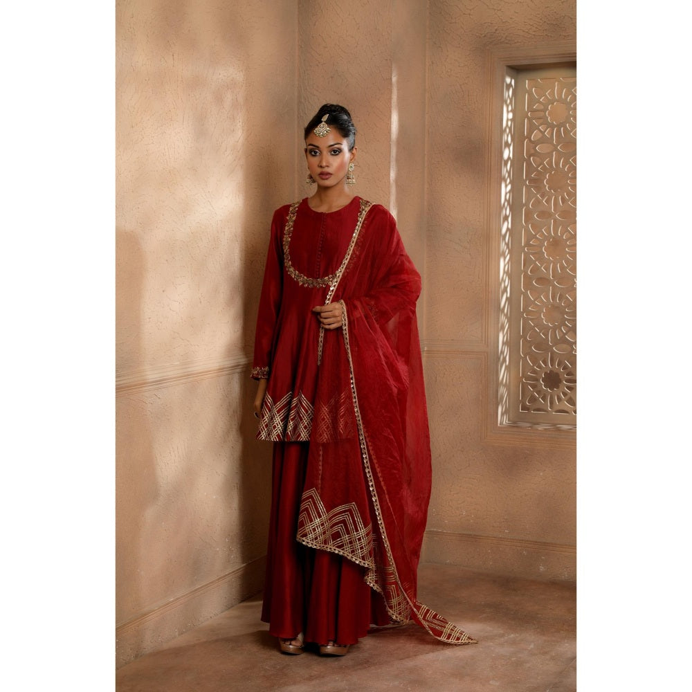 Omana by Ranjana Bothra Maroon Haya Sharara with Kurti and Dupatta (Set of 3)