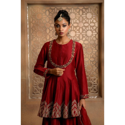 Omana by Ranjana Bothra Maroon Haya Sharara with Kurti and Dupatta (Set of 3)