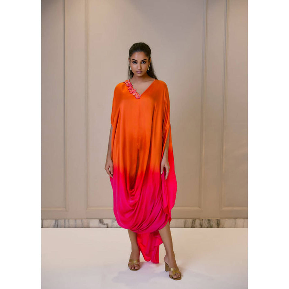 Omana by Ranjana Bothra Ombre Cowl Drape Kaftan - Orange And Pink