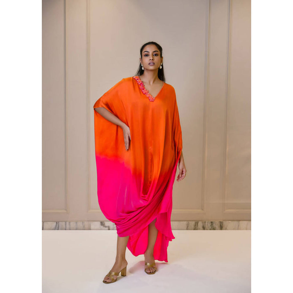 Omana by Ranjana Bothra Ombre Cowl Drape Kaftan - Orange And Pink