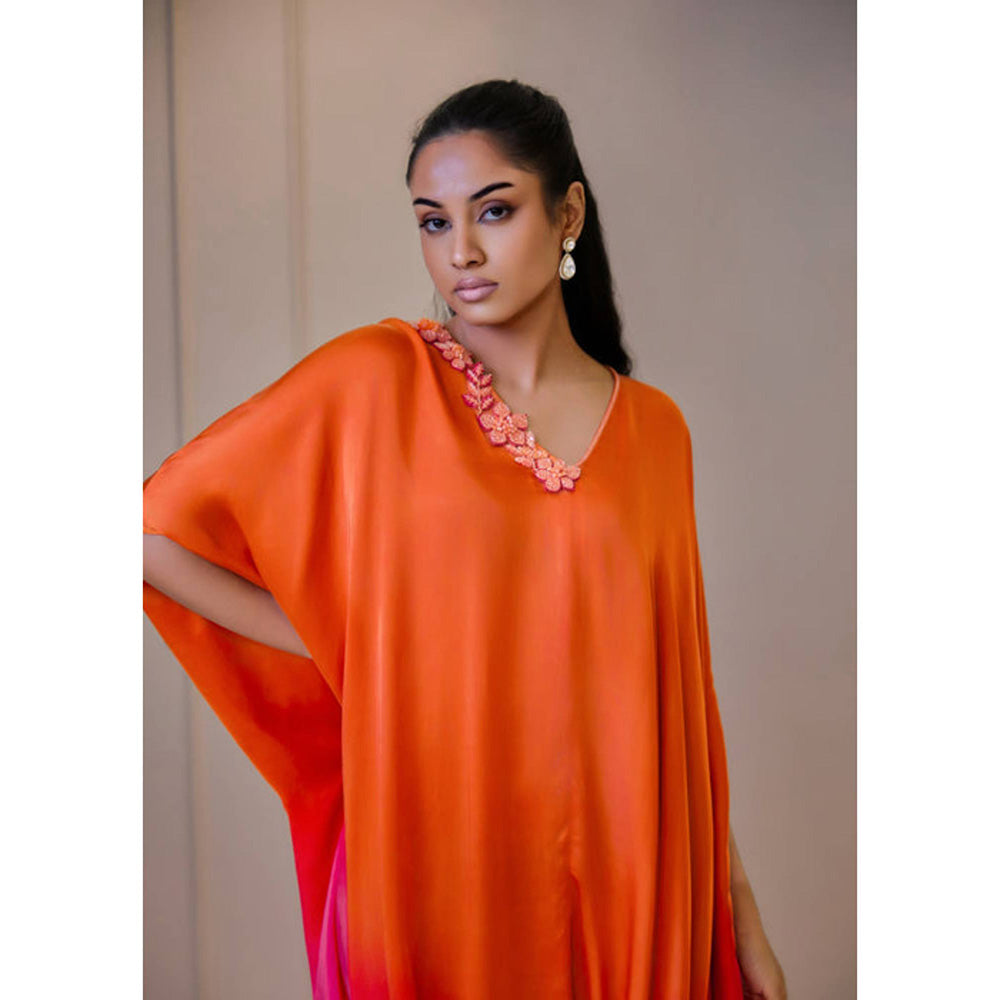 Omana by Ranjana Bothra Ombre Cowl Drape Kaftan - Orange And Pink