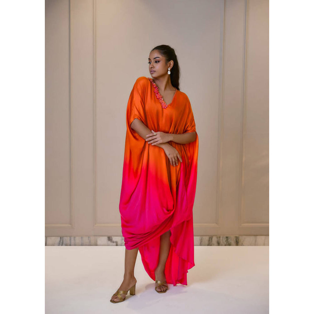 Omana by Ranjana Bothra Ombre Cowl Drape Kaftan - Orange And Pink