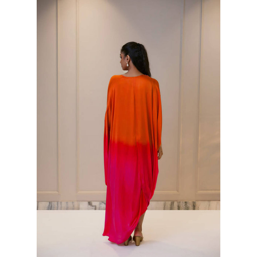 Omana by Ranjana Bothra Ombre Cowl Drape Kaftan - Orange And Pink