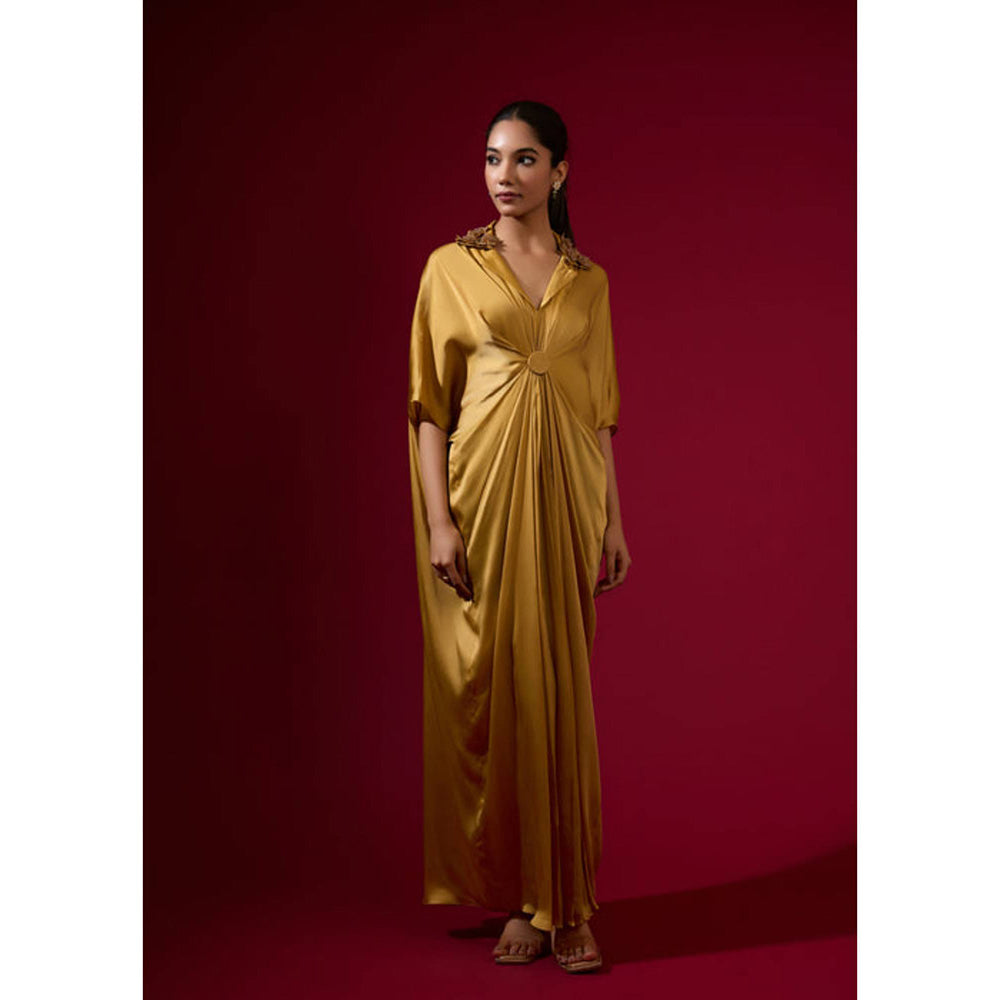Omana by Ranjana Bothra 3D Rose Collar Kaftan - Gold