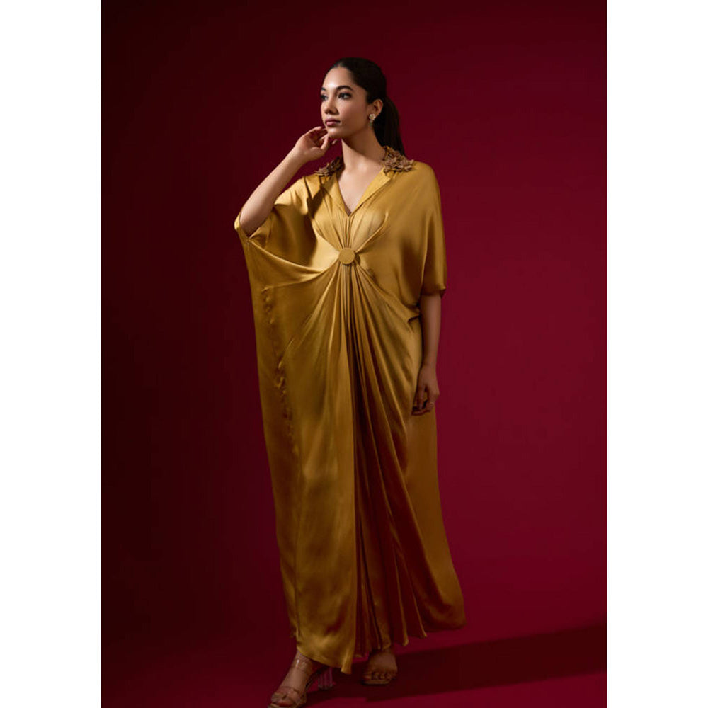 Omana by Ranjana Bothra 3D Rose Collar Kaftan - Gold