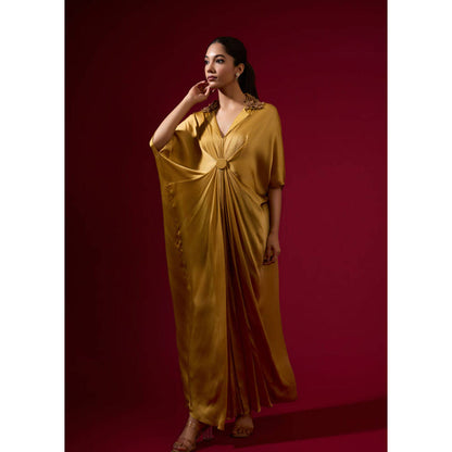 Omana by Ranjana Bothra 3D Rose Collar Kaftan - Gold