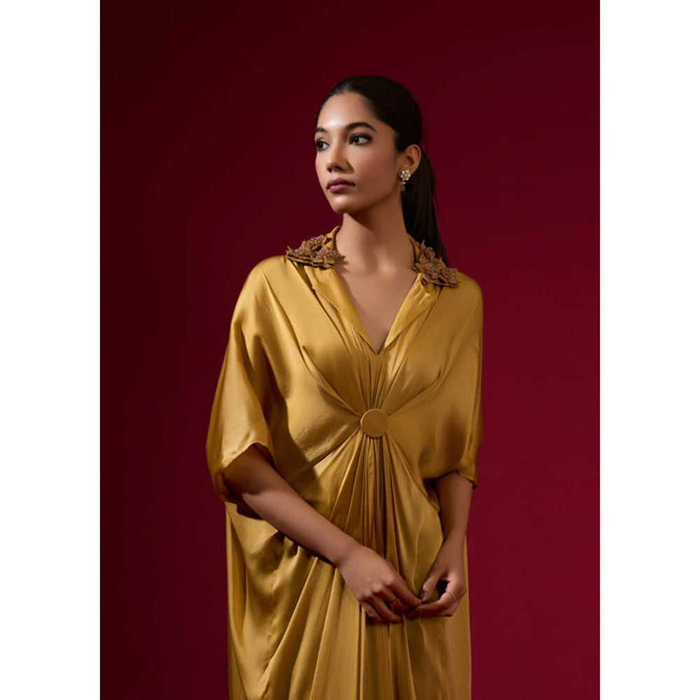 Omana by Ranjana Bothra 3D Rose Collar Kaftan - Gold