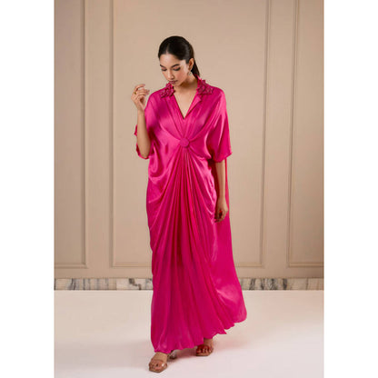 Omana by Ranjana Bothra 3D Rose Collar Kaftan - Hot Pink