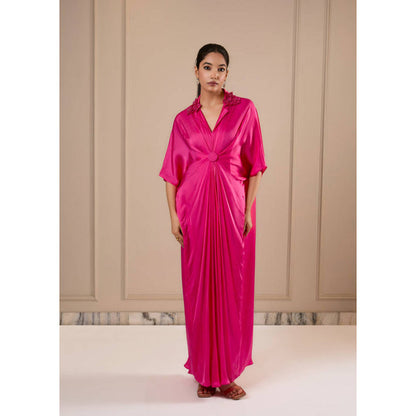Omana by Ranjana Bothra 3D Rose Collar Kaftan - Hot Pink