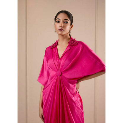 Omana by Ranjana Bothra 3D Rose Collar Kaftan - Hot Pink