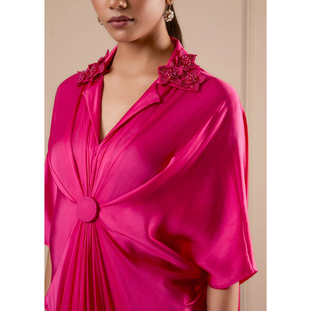 Omana by Ranjana Bothra 3D Rose Collar Kaftan - Hot Pink
