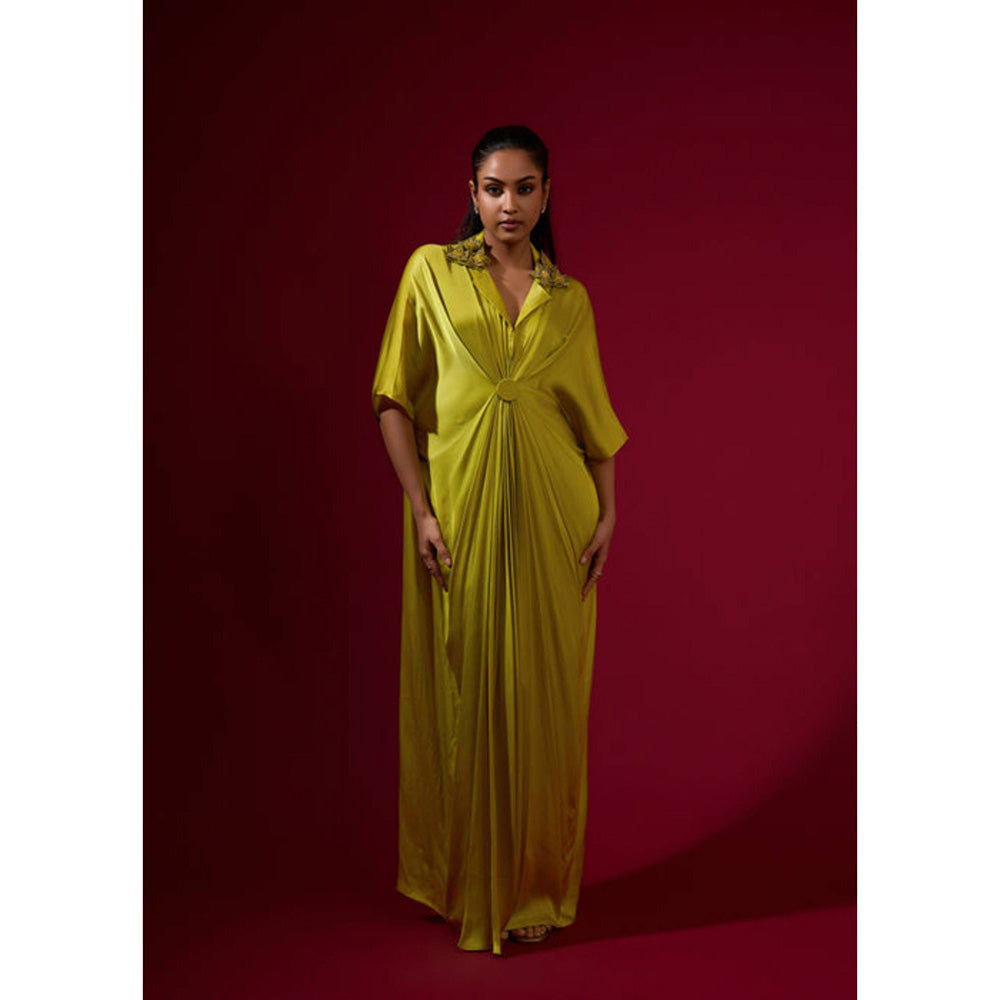 Omana by Ranjana Bothra 3D Rose Collar Kaftan - Lime