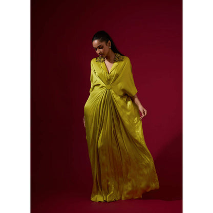 Omana by Ranjana Bothra 3D Rose Collar Kaftan - Lime