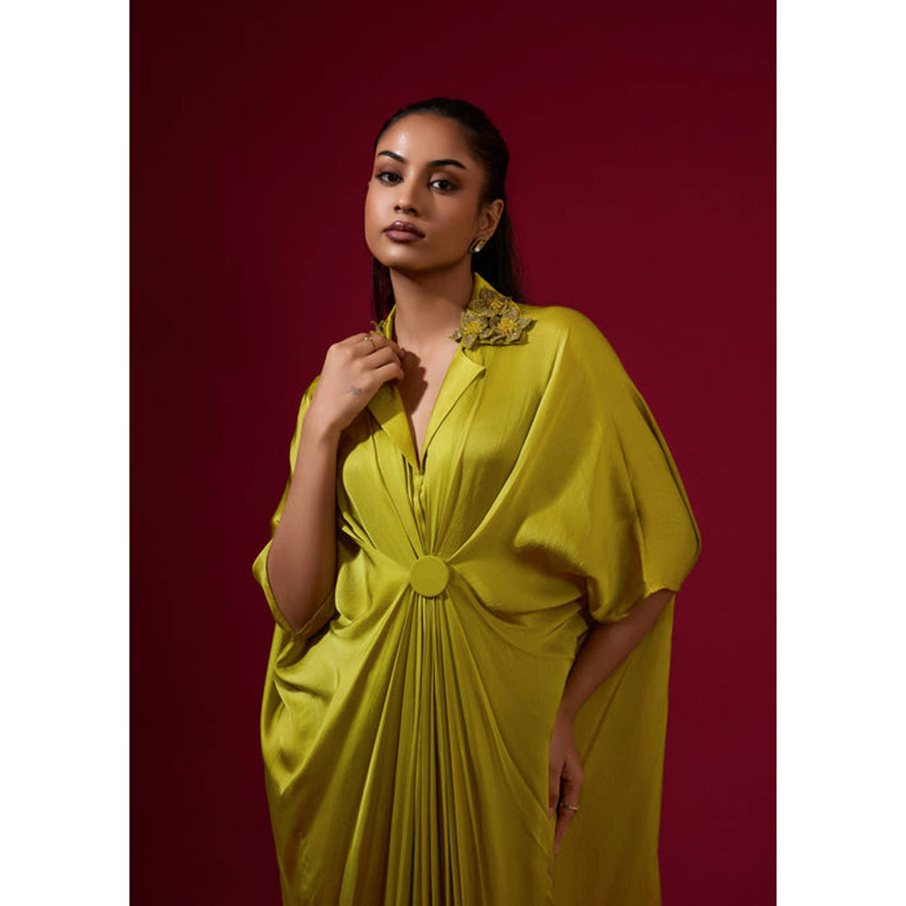 Omana by Ranjana Bothra 3D Rose Collar Kaftan - Lime