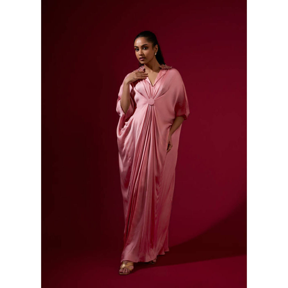 Omana by Ranjana Bothra 3D Rose Collar Kaftan - Light Pink
