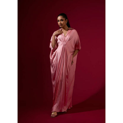 Omana by Ranjana Bothra 3D Rose Collar Kaftan - Light Pink