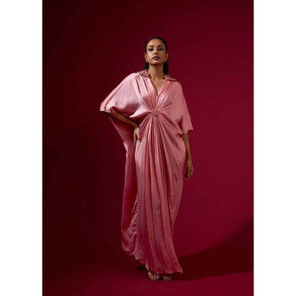 Omana by Ranjana Bothra 3D Rose Collar Kaftan - Light Pink