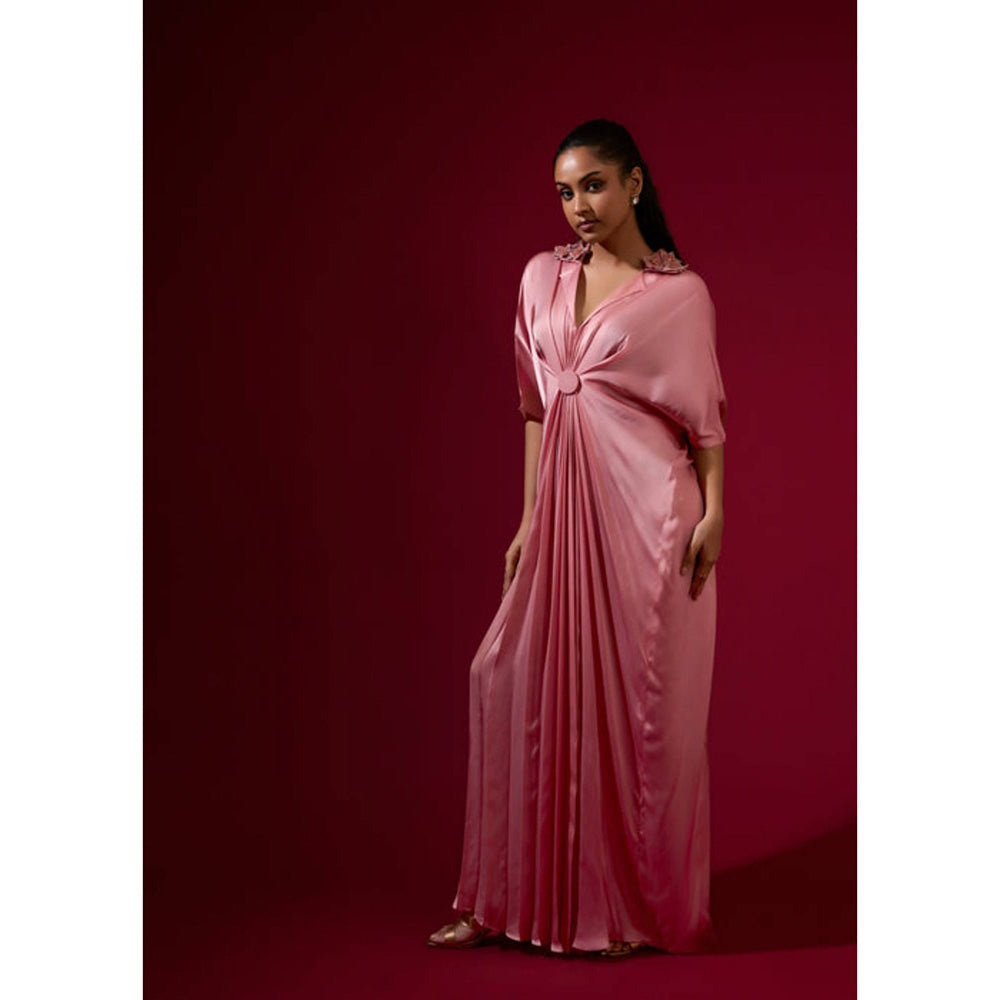 Omana by Ranjana Bothra 3D Rose Collar Kaftan - Light Pink