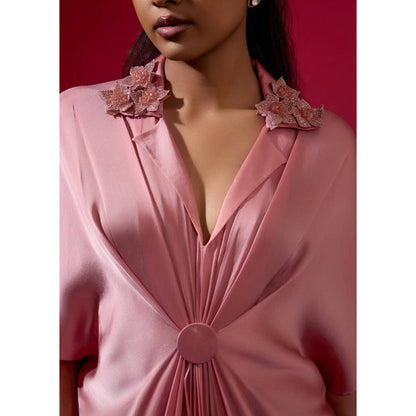 Omana by Ranjana Bothra 3D Rose Collar Kaftan - Light Pink