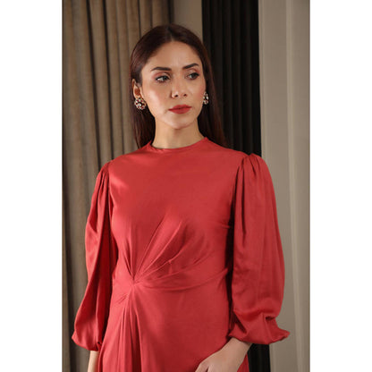 Omana by Ranjana Bothra Crimson Pleated Dress
