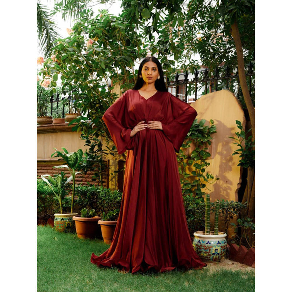 Omana by Ranjana Bothra Brick Red Cowl Gown