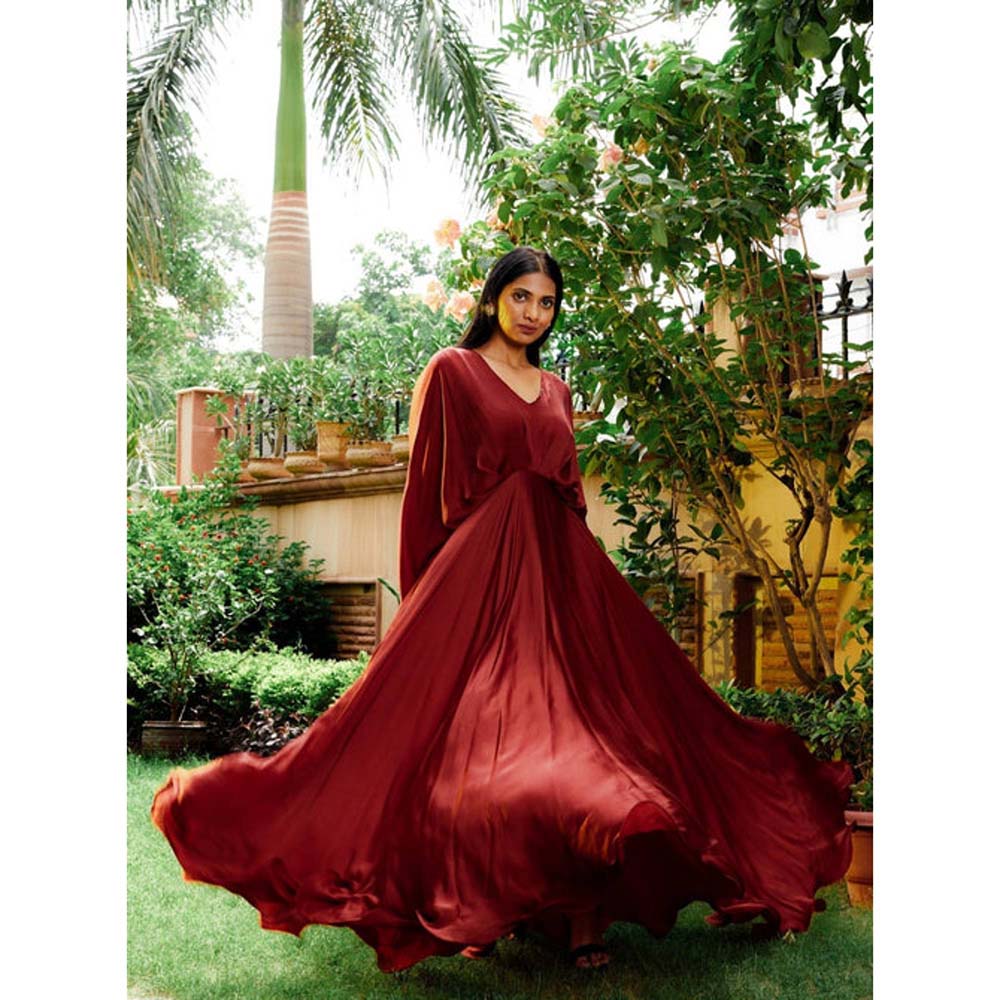 Omana by Ranjana Bothra Brick Red Cowl Gown