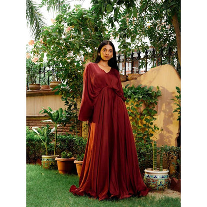 Omana by Ranjana Bothra Brick Red Cowl Gown