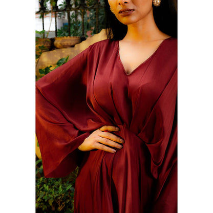 Omana by Ranjana Bothra Brick Red Cowl Gown