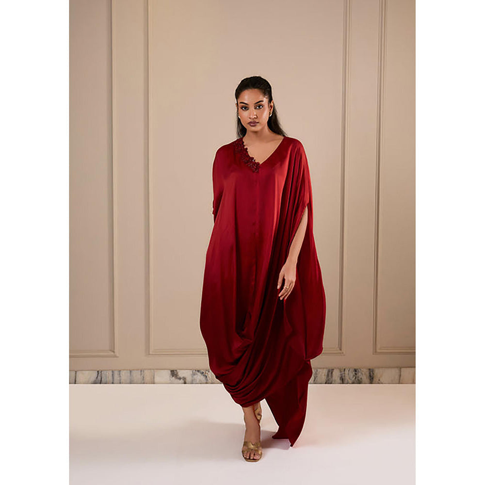 Omana by Ranjana Bothra Ombre Cowl Drape - Deep Red Kaftan Dress
