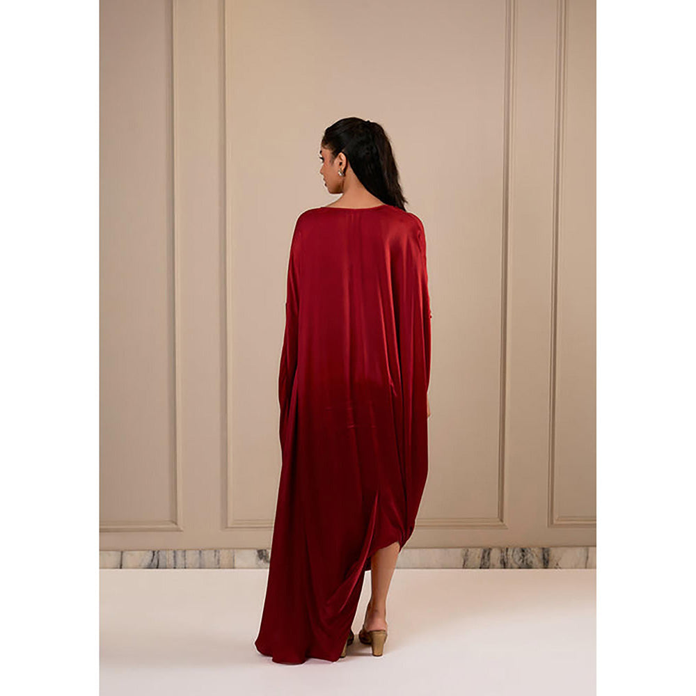 Omana by Ranjana Bothra Ombre Cowl Drape - Deep Red Kaftan Dress