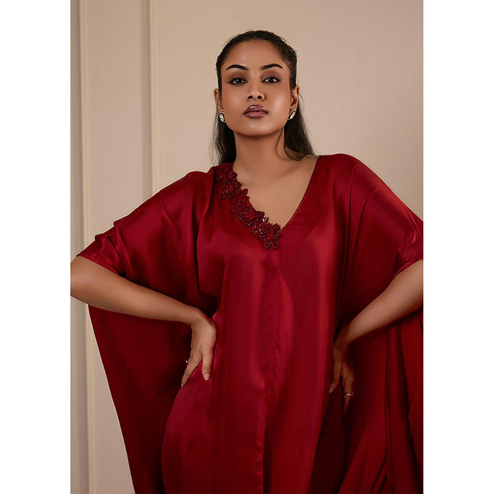 Omana by Ranjana Bothra Ombre Cowl Drape - Deep Red Kaftan Dress