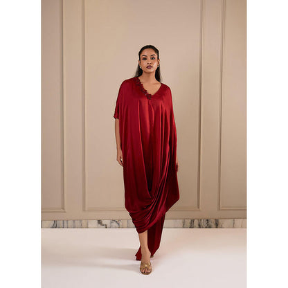 Omana by Ranjana Bothra Ombre Cowl Drape - Deep Red Kaftan Dress
