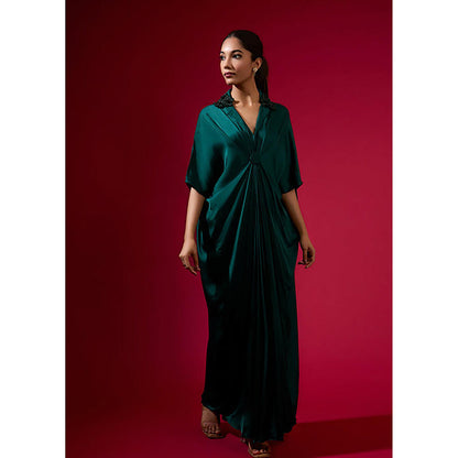 Omana by Ranjana Bothra 3D Rose Collar - Emerald Kaftan Dress
