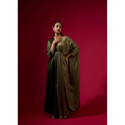 Omana by Ranjana Bothra Color Block - Army Green Kaftan Dress