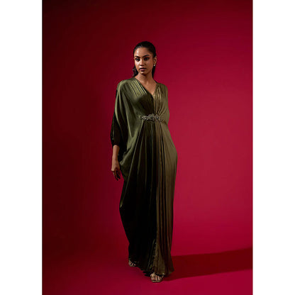 Omana by Ranjana Bothra Color Block - Army Green Kaftan Dress