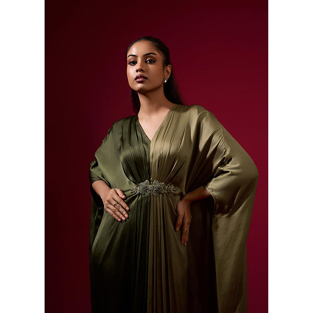 Omana by Ranjana Bothra Color Block - Army Green Kaftan Dress