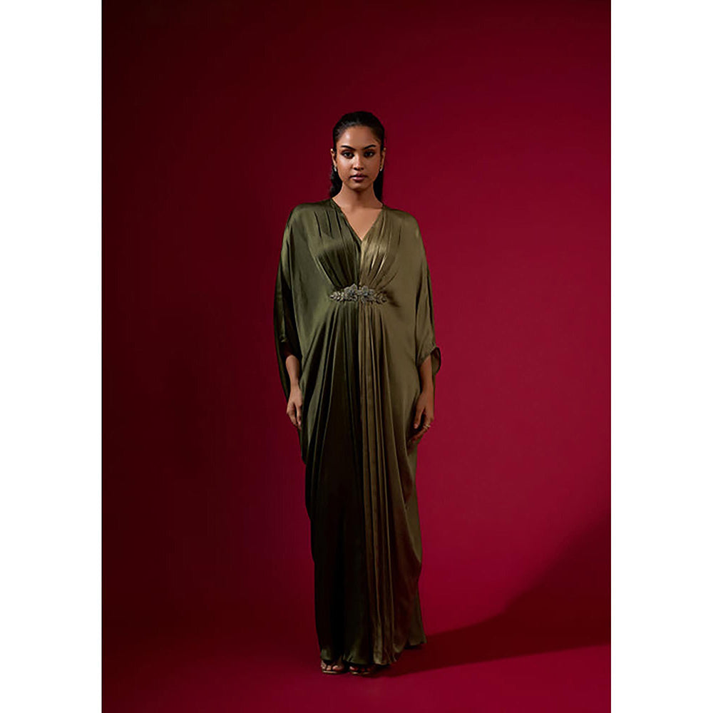 Omana by Ranjana Bothra Color Block - Army Green Kaftan Dress