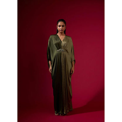 Omana by Ranjana Bothra Color Block - Army Green Kaftan Dress