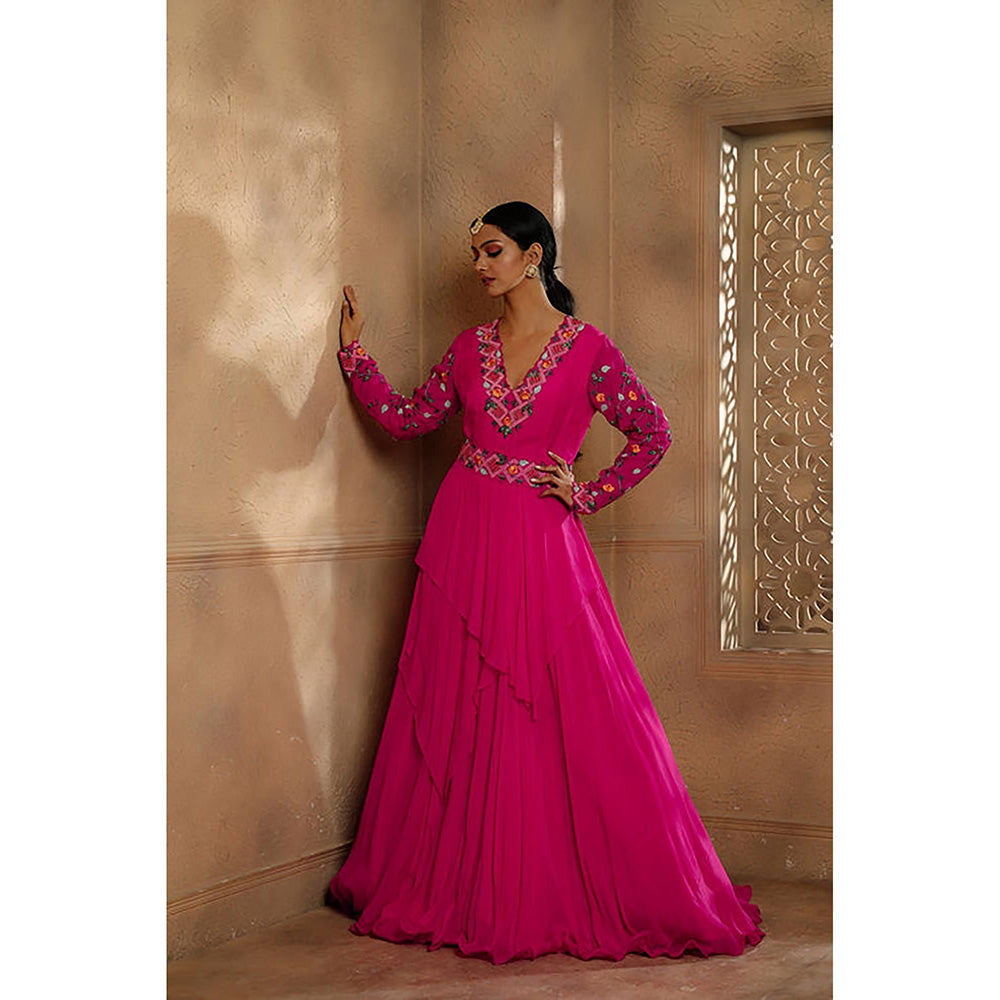 Omana by Ranjana Bothra Fuchsia Draped Anarkali Maxi Dress with Belt
