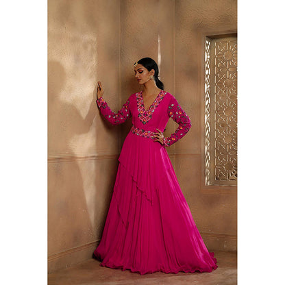 Omana by Ranjana Bothra Fuchsia Draped Anarkali Maxi Dress with Belt