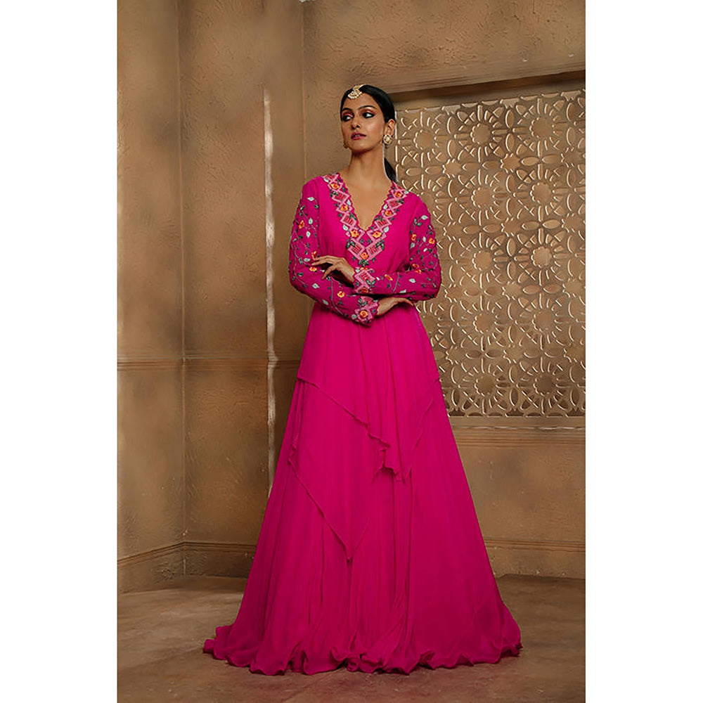 Omana by Ranjana Bothra Fuchsia Draped Anarkali Maxi Dress with Belt