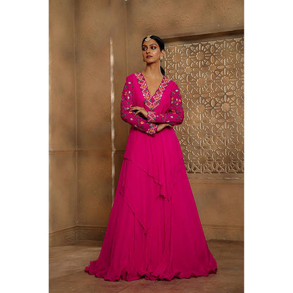 Omana by Ranjana Bothra Fuchsia Draped Anarkali Maxi Dress with Belt