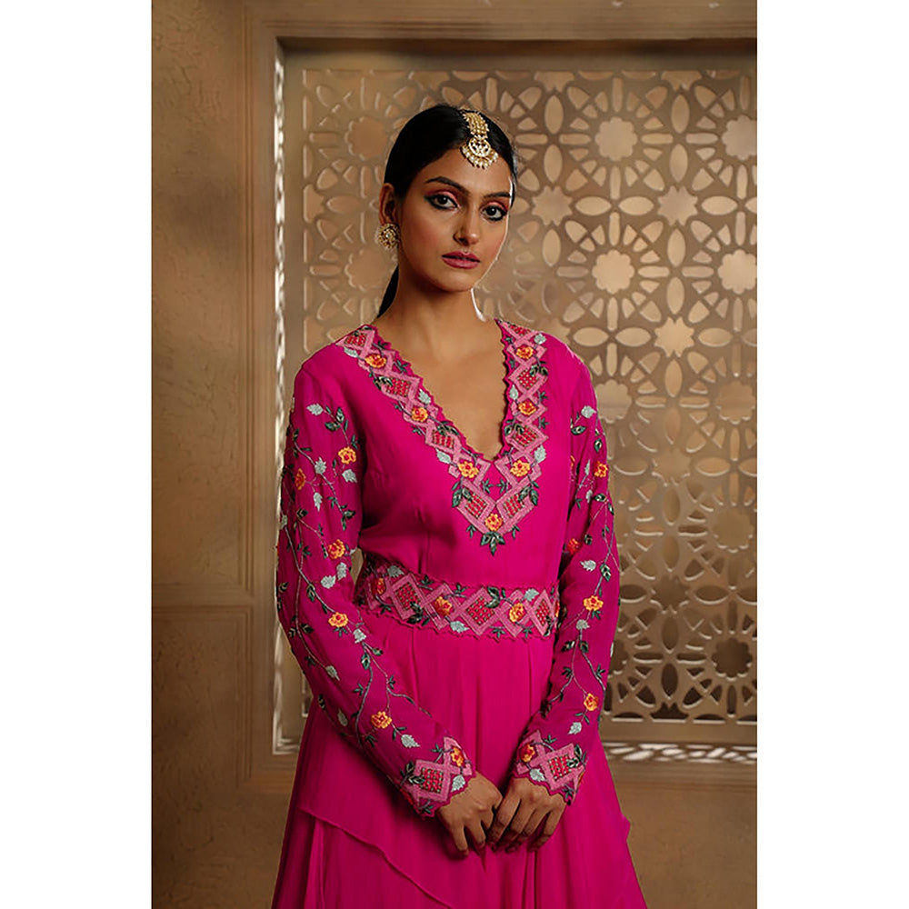 Omana by Ranjana Bothra Fuchsia Draped Anarkali Maxi Dress with Belt