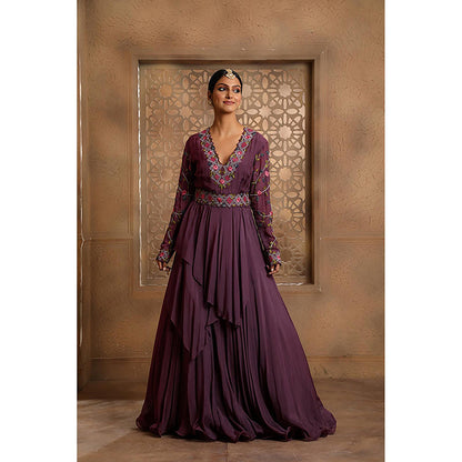 Omana by Ranjana Bothra Mauve Draped Anarkali Maxi Dress with Belt