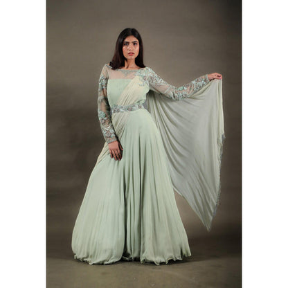 Omana by Ranjana Bothra Green Organza Solid/Plain Saree Lehenga with Belt